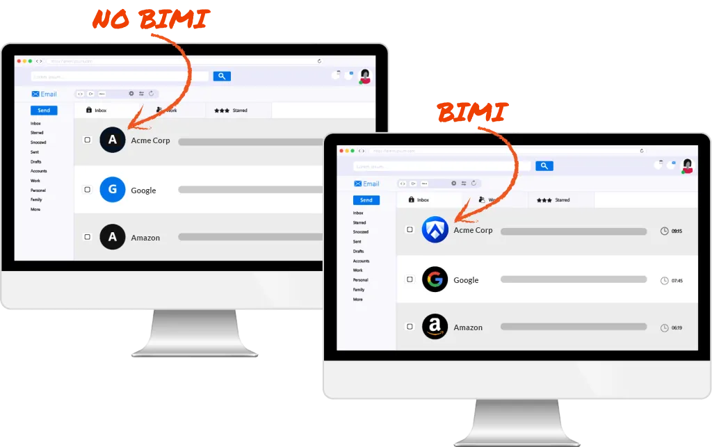 Two inboxes side by side: without BIMI, Acme Corp shows a plain letter avatar; with BIMI, the Acme Corp logo appears next to the message