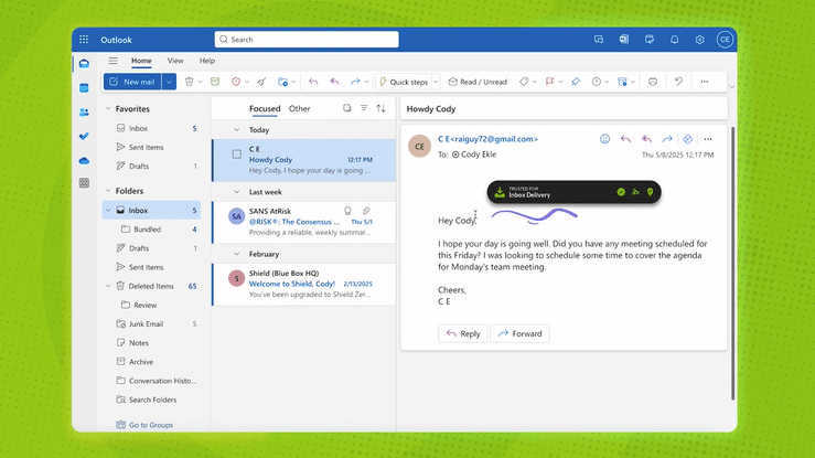 Animation of a Shield risk banner appearing at the top of a message in Outlook, labelling the sender as new and offering Trust or Silence