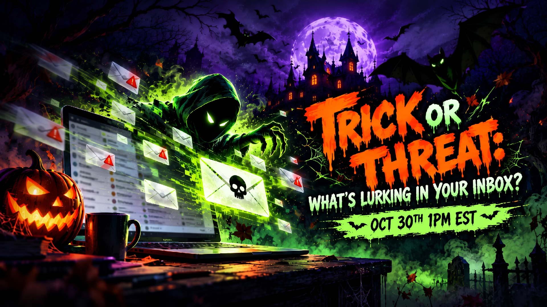 ‘Trick or Threat?’ Halloween webinar banner featuring a creepy hand reaching over an email inbox, with a bat and jack-o’-lantern. Join us October 30 at 1 PM EST to learn what’s lurking in your clients’ inboxes.
