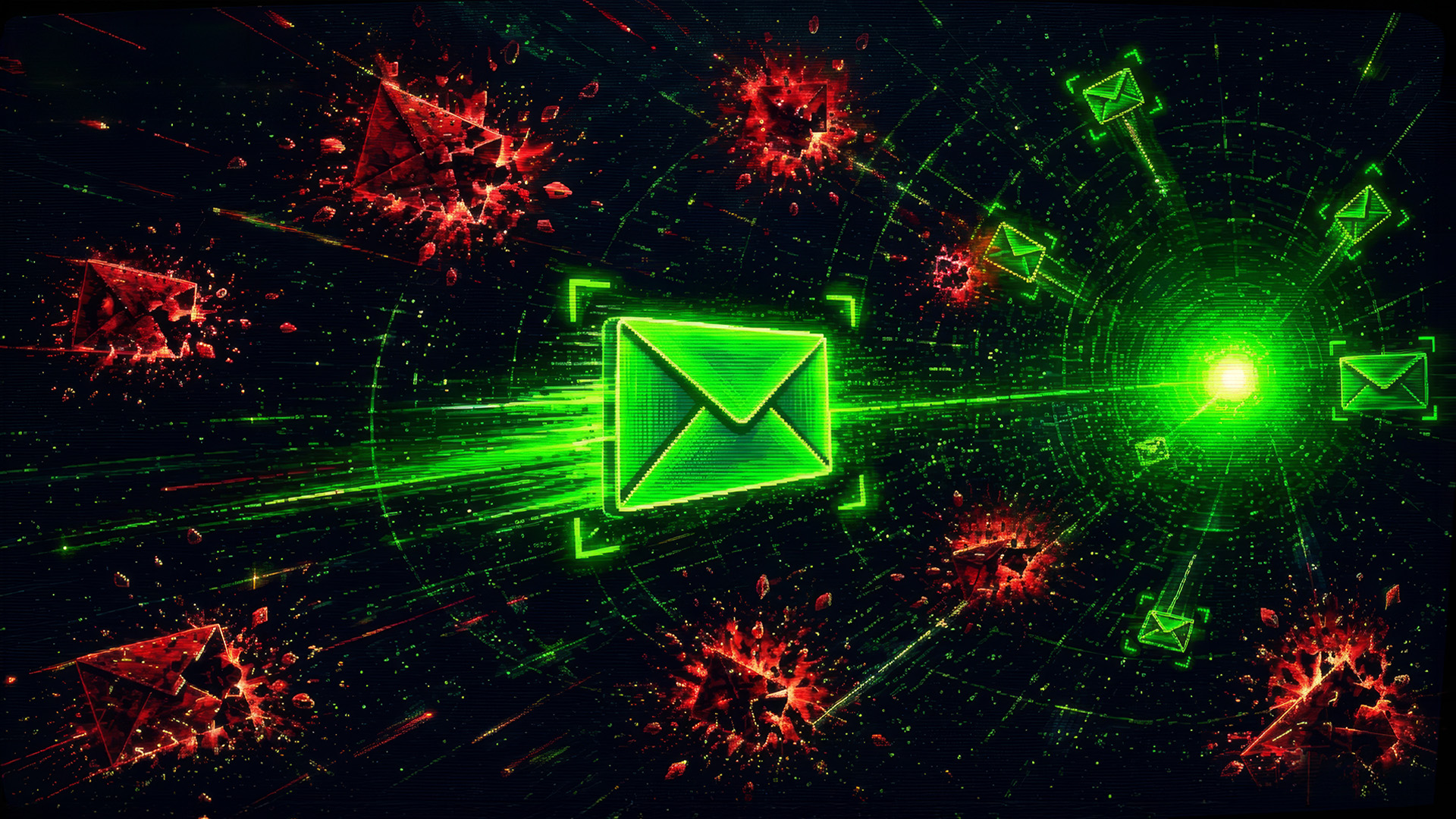 Green, wanted emails moving safely toward a radar target while red threats explode around them, representing Shield's fixed-target email security model.