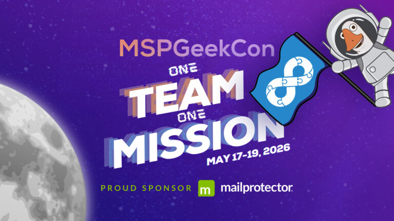 MSPGeekCon 2026 event graphic with a space theme and the tagline "One Team, One Mission" set against a purple starfield with a moon, featuring a penguin astronaut waving the MSPGeek flag, with Mailprotector listed as a proud sponsor for the May 17-19, 2026 conference.