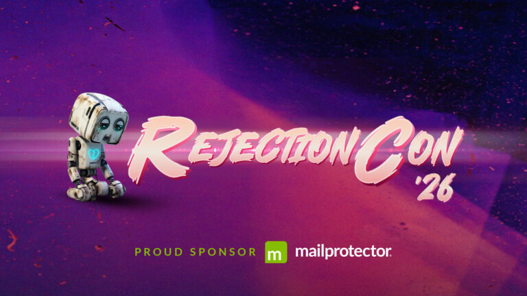 RejectionCon 2026 banner with small robot and Mailprotector sponsor logo on purple background